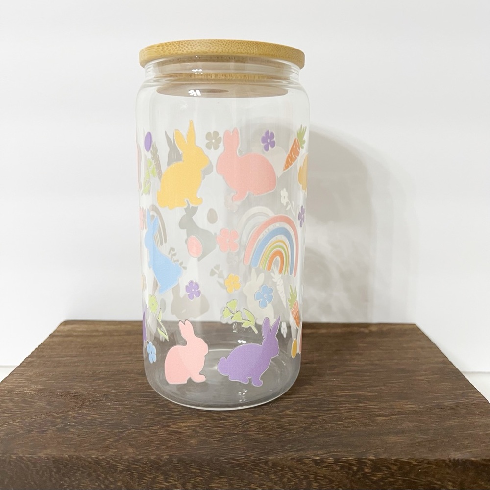 Bunny and Rainbow Print Libbey Glass Can with Bamboo Lid and Straw